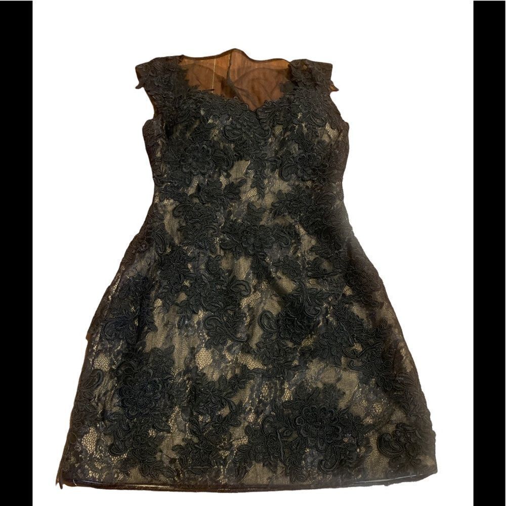 La Femme Black Lace Overlay Mini Dress